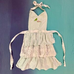 🩵 Apron w/ Tiered Ruffles, Light Blue Floral Print 🪺 Hand-painted Bird Detail 🩵